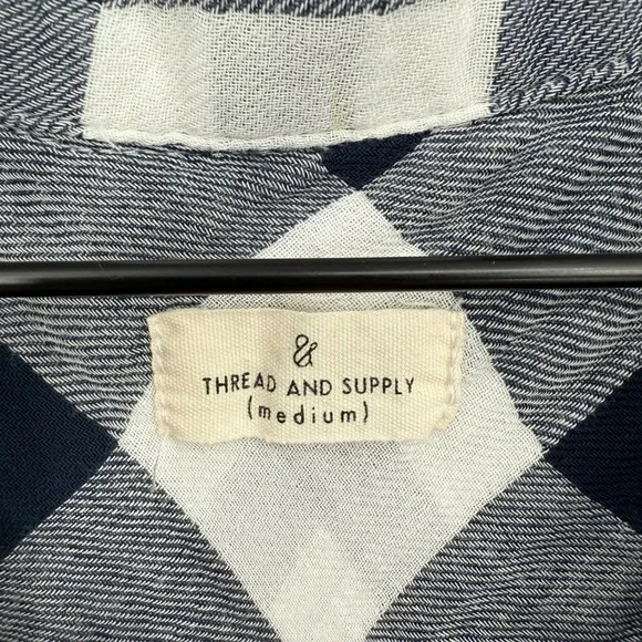Thread & Supply Plaid Flannel Shirt Button Down Long Sleeve Navy‎ Ivory M - Picture 3 of 8